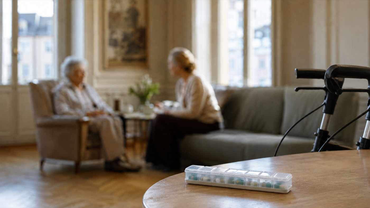 Dosett och rollator i en omsorgssituation i hemmet
